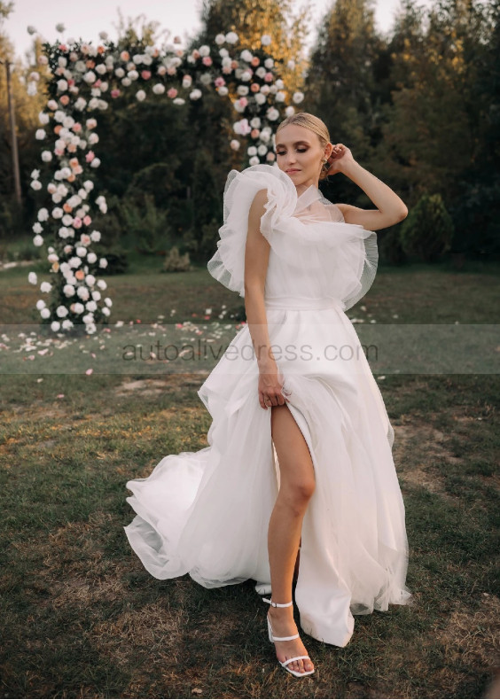 One Shoulder Ivory Tulle Fairy Wedding Dress
